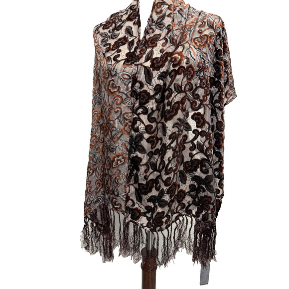 Silk Burnout Velvet Satin Floral Scarf Black Brown Fringe 20 X 68 Inch - Picture 10 of 11